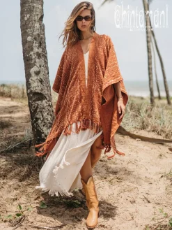 Block Print Poncho t / Rust