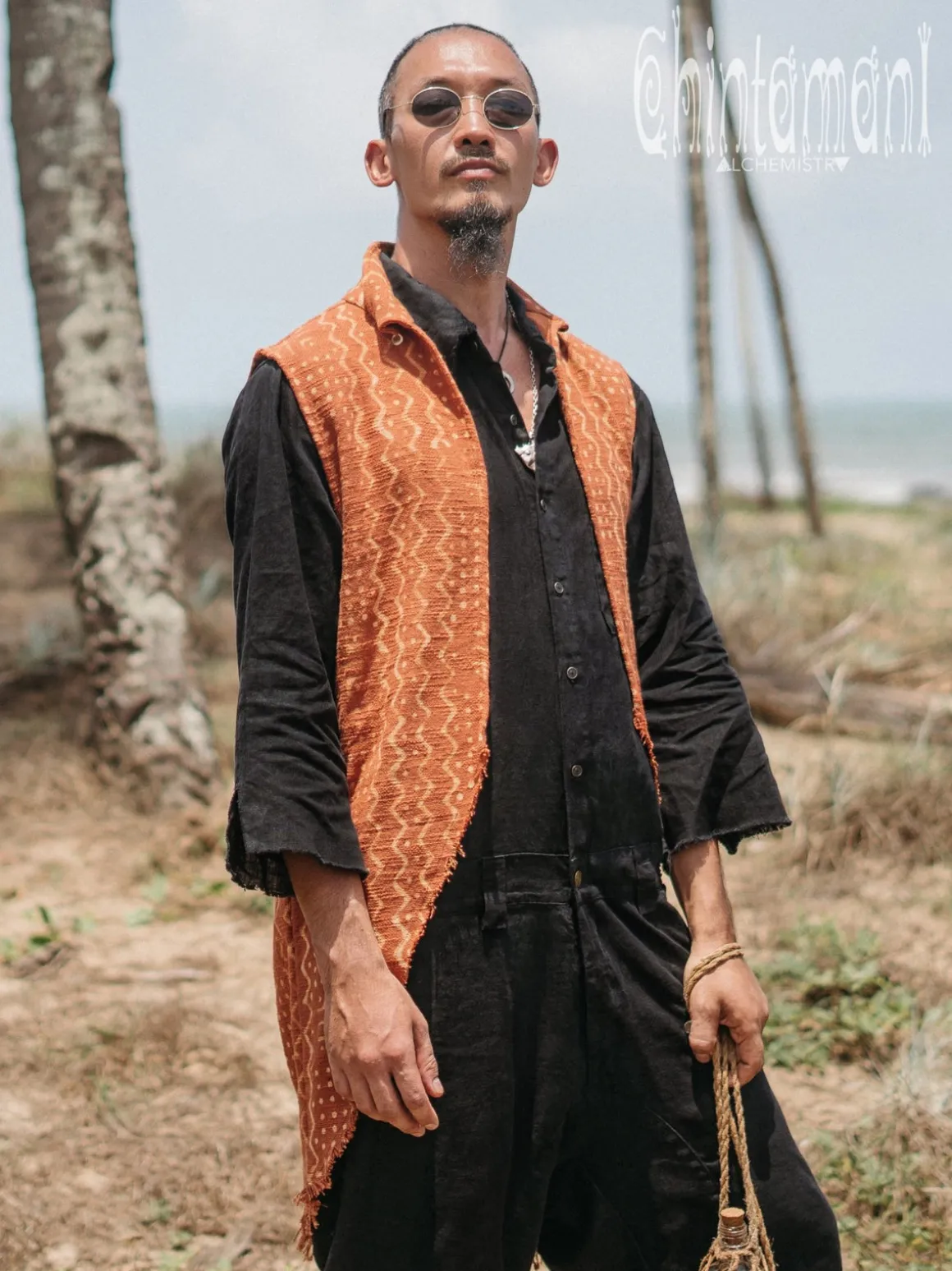 Block Print Vest Jacket / Rusty