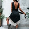 Corner Fringed Dress / Black