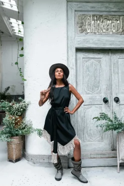 Corner Fringed Dress / Black