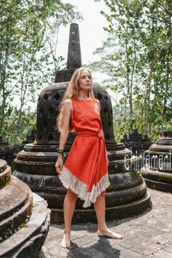 Corner Fringed Dress / Red Ochre