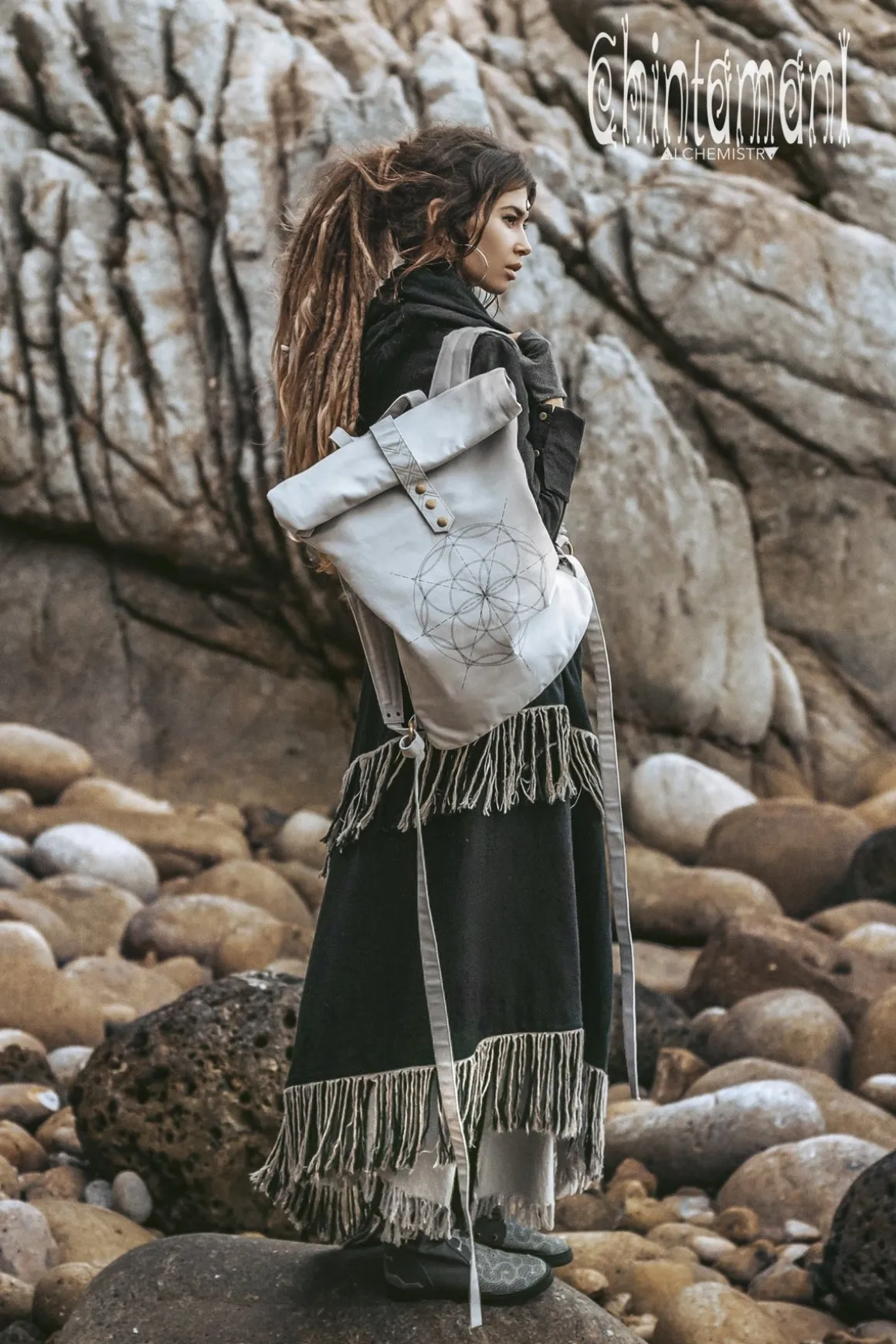 Flower RollTop Backpack / Light Gray