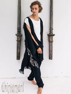 Fringe Linen Kimono / Black
