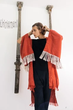 Fringe Linen Kimono / Red Ochre