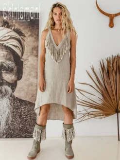 Fringe Linen Mini Dress / Natural Grey
