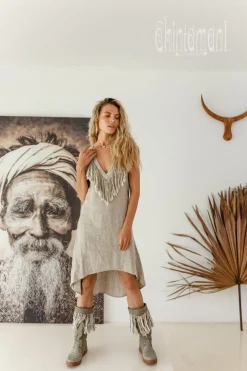Fringe Linen Mini Dress / Natural Grey