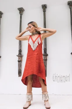 Fringe Linen Mini Dress / Red Ochre