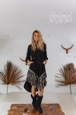 Fringe Linen Mini Dress / Black