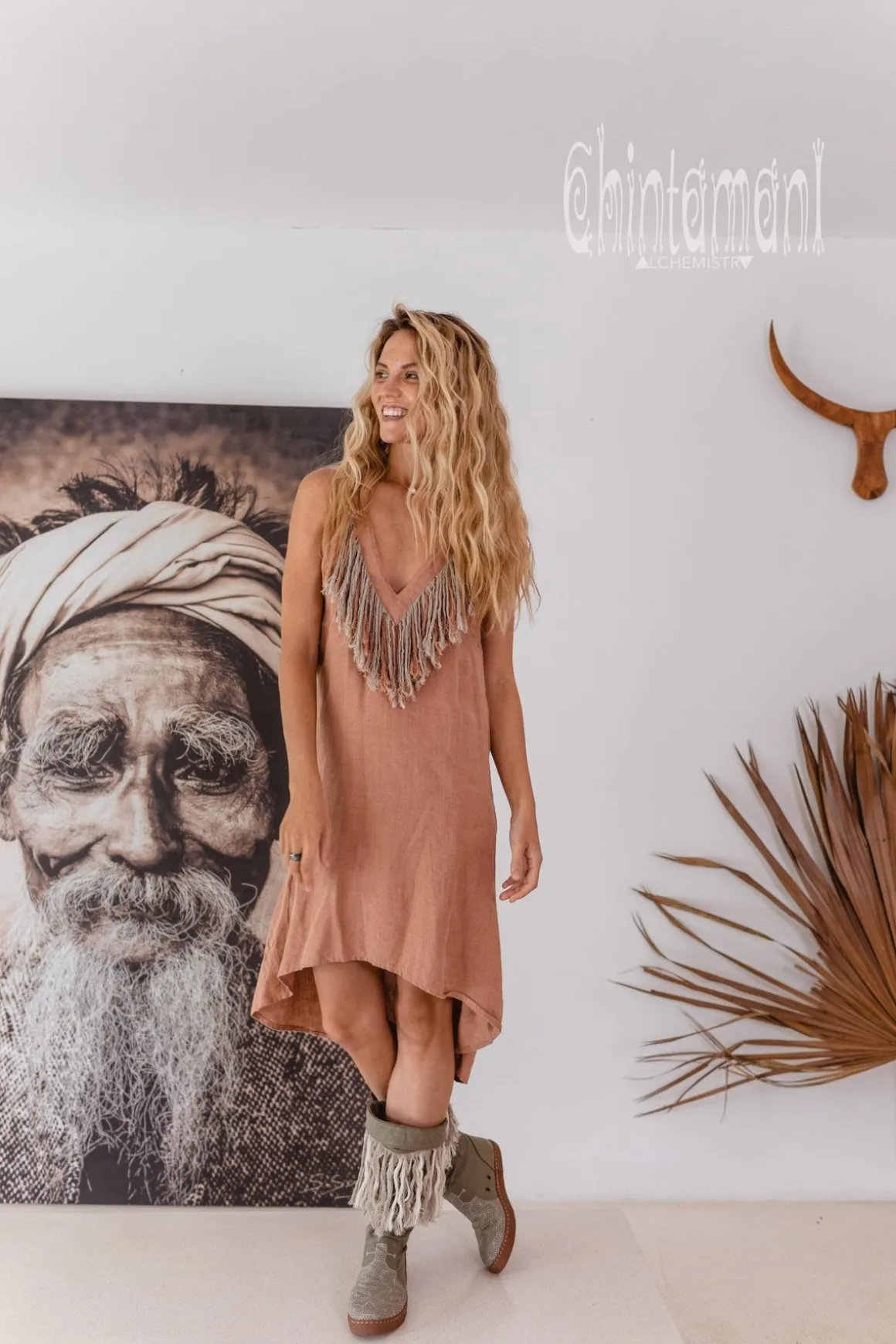 Fringe Linen Mini Dress / Dusty Rose