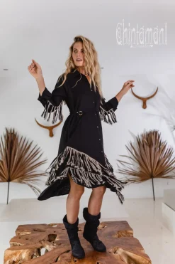 Fringe Linen Mini Dress / Black