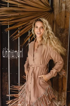 Fringe Linen Mini Dress / Dusty Pink