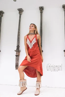 Fringe Linen Mini Dress / Red Ochre