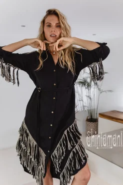Fringe Linen Mini Dress / Black