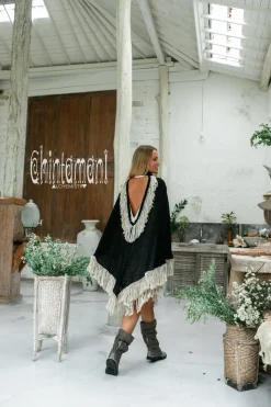 Fringed Cotton Poncho / Black