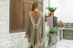 Fringed Cotton Poncho / Desert Sage