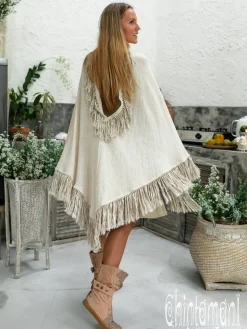 Fringed Cotton Poncho / Off White