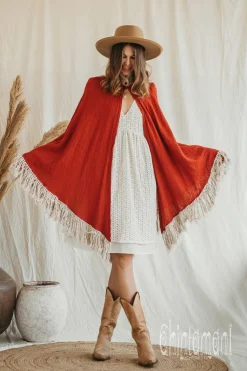 Fringed Cotton Poncho / Red Ochre