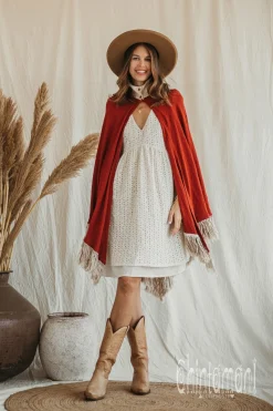Fringed Cotton Poncho / Red Ochre