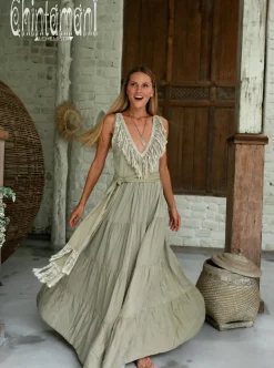 Fringed Maxi Dress / Sage Green