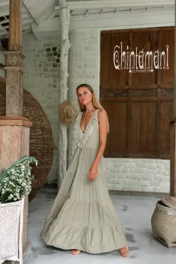 Fringed Maxi Dress / Sage Green