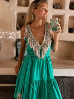 Fringed Midi Dress / Green