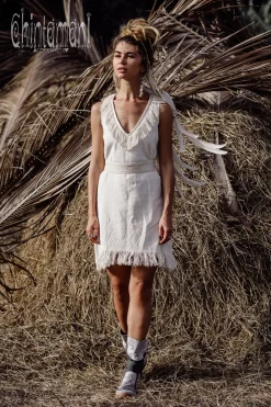 Fringed Mini V Dress / Off White