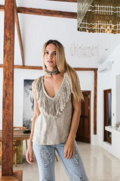 Fringy Linen Top / Gray