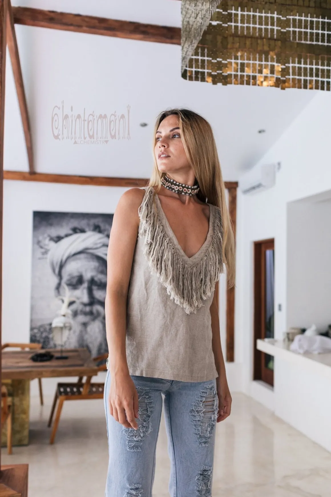 Fringy Linen Top / Gray