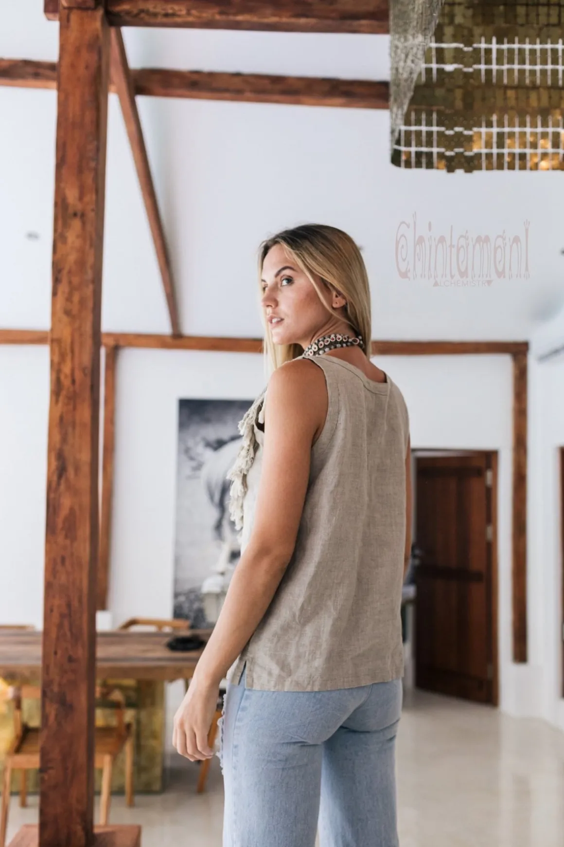 Fringy Linen Top / Gray