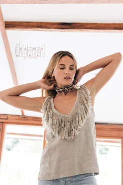 Fringy Linen Top / Gray