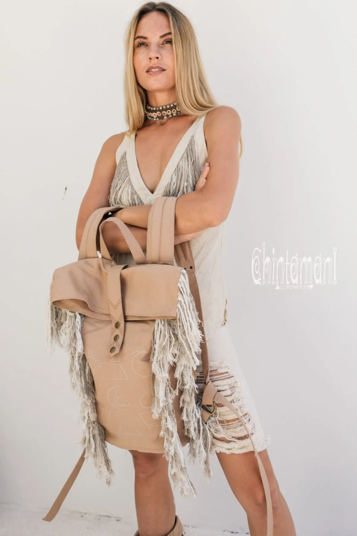 Fringy RollTop Backpack / Beige