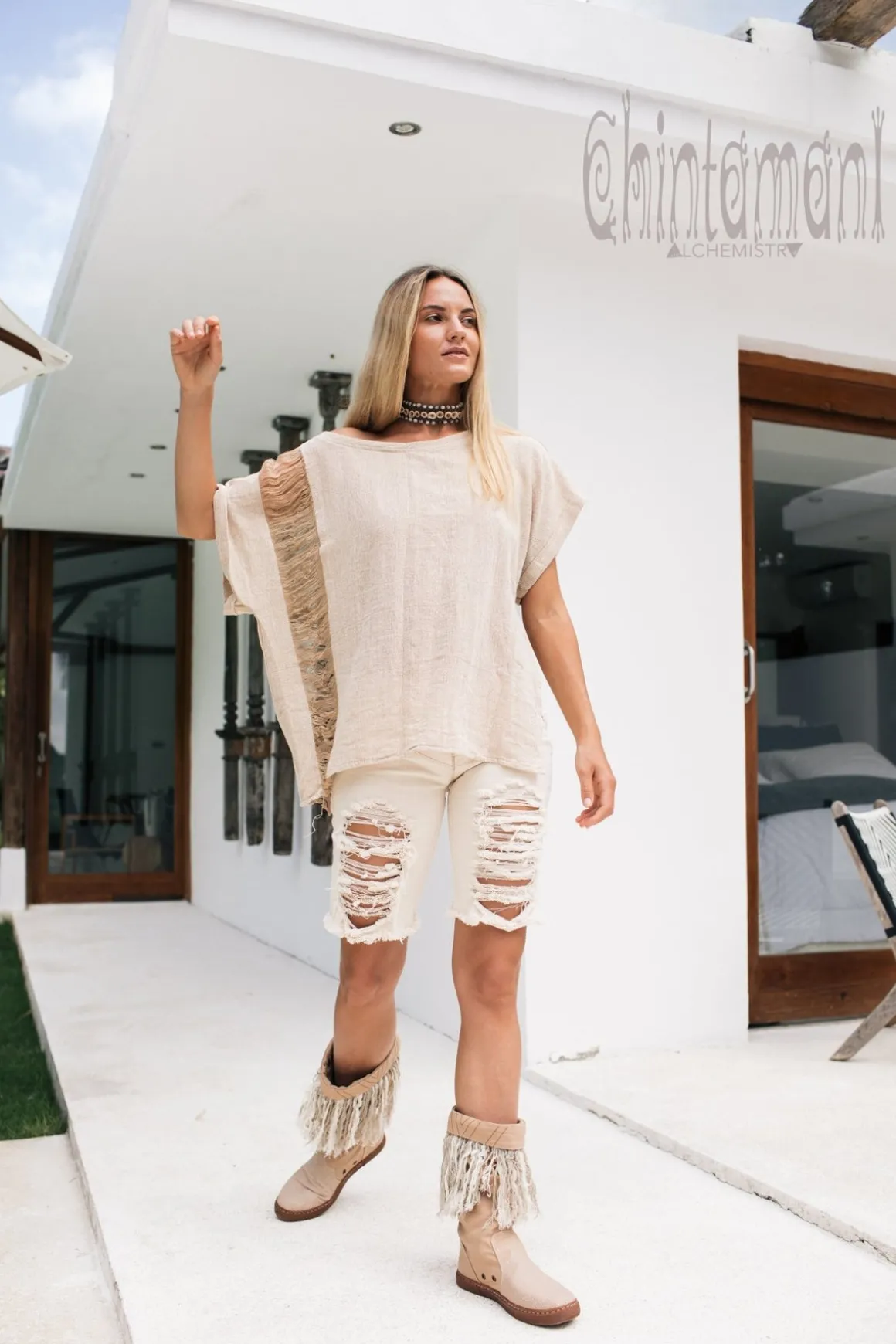 Fringy Tribal Boots / Beige