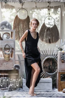 High Low Linen Dress / Black