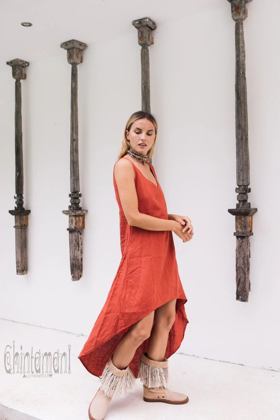 High Low Linen Dress / Red Ochre