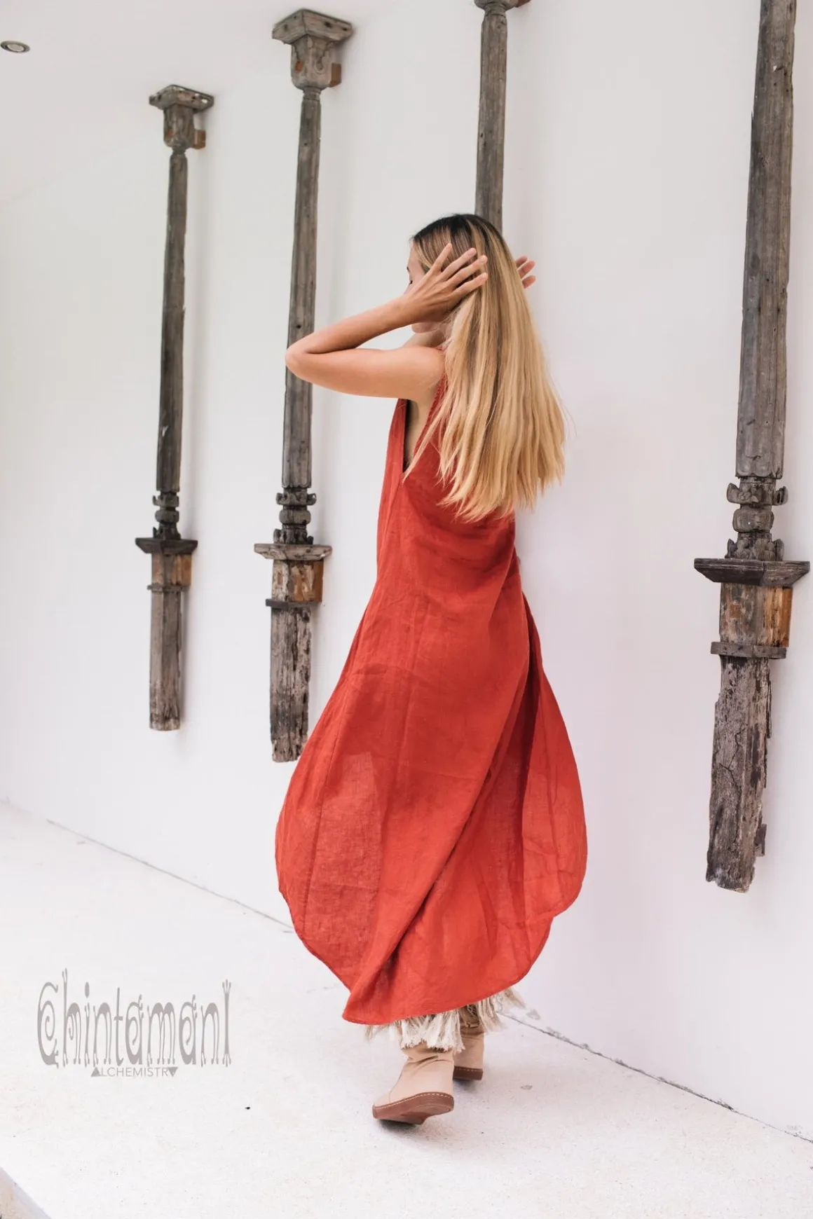 High Low Linen Dress / Red Ochre