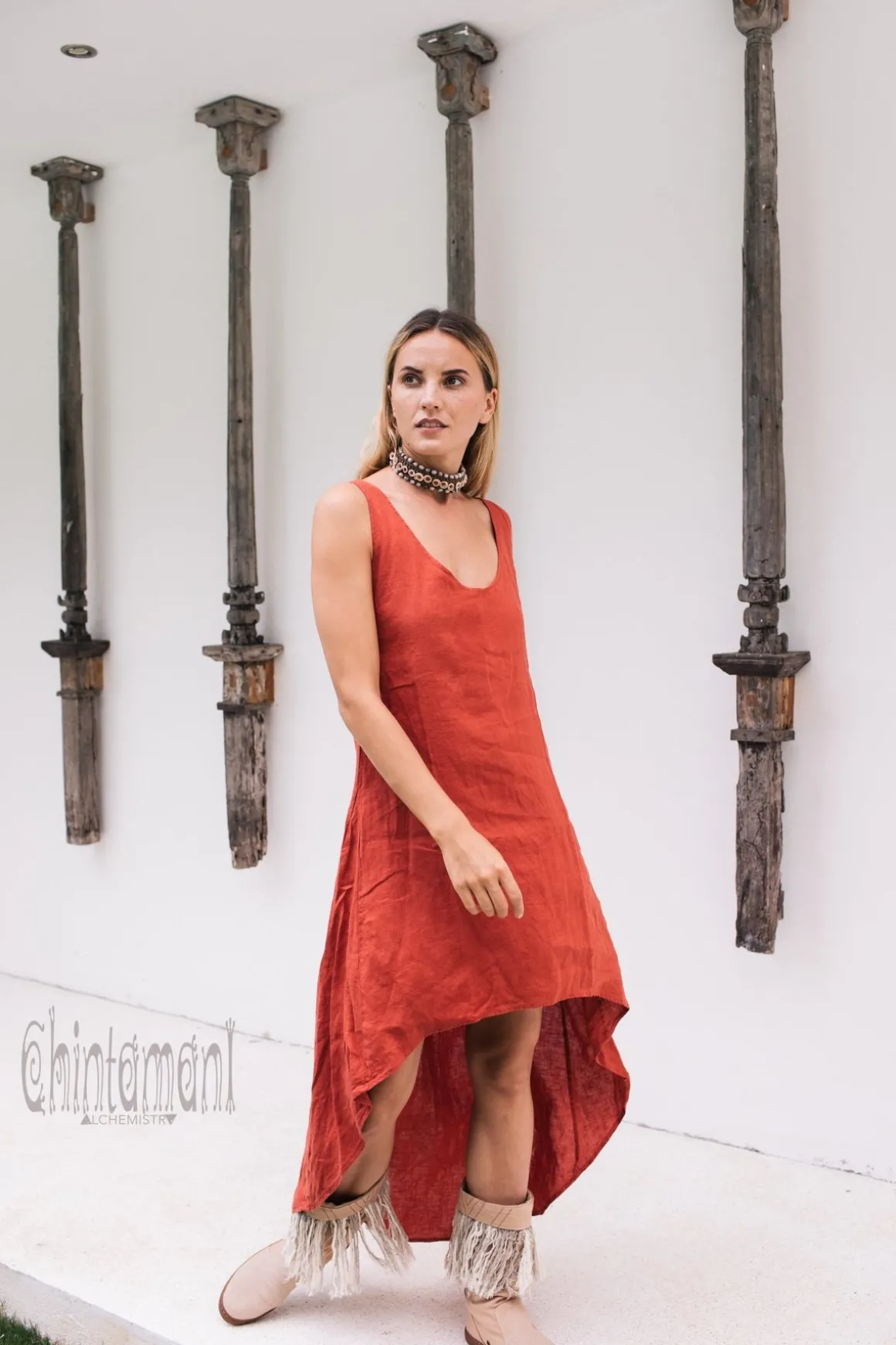 High Low Linen Dress / Red Ochre