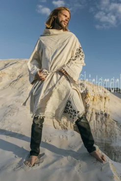 Huge Raw Cotton Mens Wrap Cardigan Coat / Kimono Cloak or Cape / Aroha Atua Off White