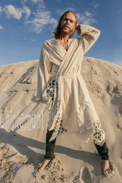 Huge Raw Cotton Mens Wrap Cardigan Coat / Kimono Cloak or Cape / Aroha Atua Off White
