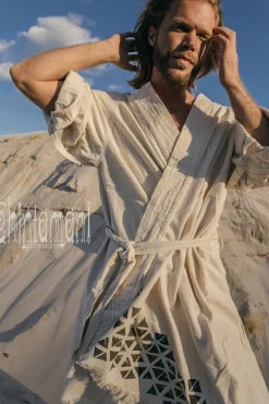 Huge Raw Cotton Mens Wrap Cardigan Coat / Kimono Cloak or Cape / Aroha Atua Off White