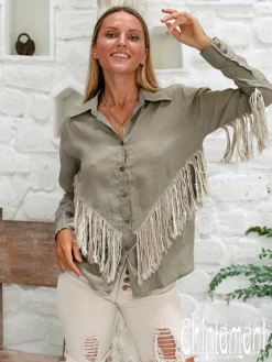 Linen Fringe Shirt / Sage Green