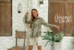 Linen Fringe Shirt / Sage Green