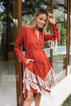 Linen Fringe Shirt Dress / Red Ochre