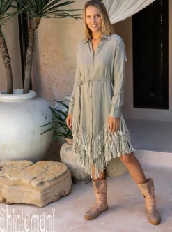 Linen Fringe Shirt Dress / Sage Green