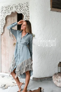 Linen Fringe Shirt Dress / Light Blue