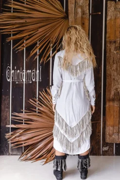 Linen Fringe Shirt Dress / White