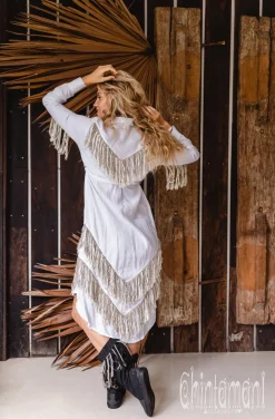 Linen Fringe Shirt Dress / White