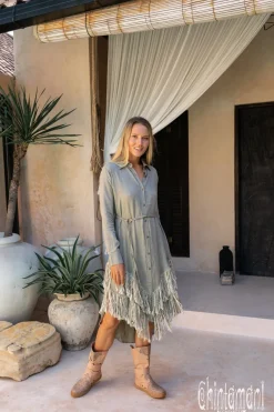 Linen Fringe Shirt Dress / Sage Green