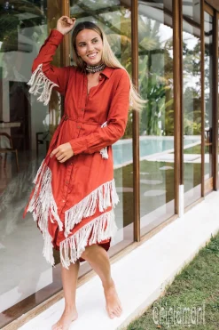 Linen Fringe Shirt Dress / Red Ochre