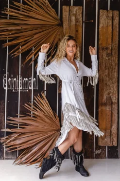 Linen Fringe Shirt Dress / White