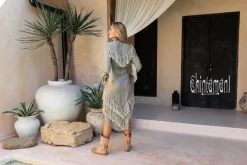 Linen Fringe Shirt Dress / Sage Green